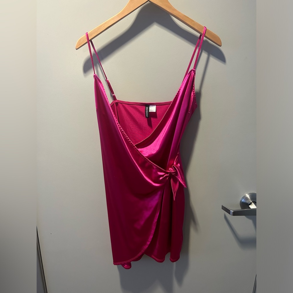Shiny Adjustable Strap Wrap Hot Pink Mini Dress